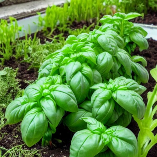 Basil plant growing along side chives and other herbs