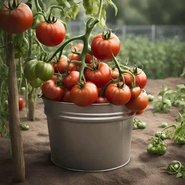 Tomatoes growing in a steel 5 gallon bucket