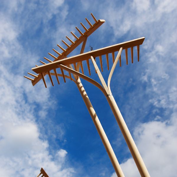 Wooden style rakes with blue sky in background