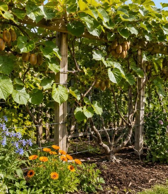 Kiwi vines growing on a trellis with companion flowers and herbs nearby.