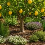 Lemon tree growing with companion flowers and herbs in a sunny garden.