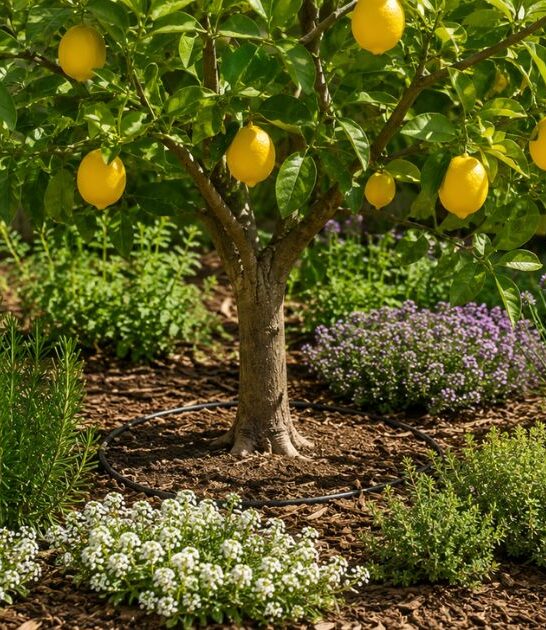 Lemon tree growing with companion flowers and herbs in a sunny garden.