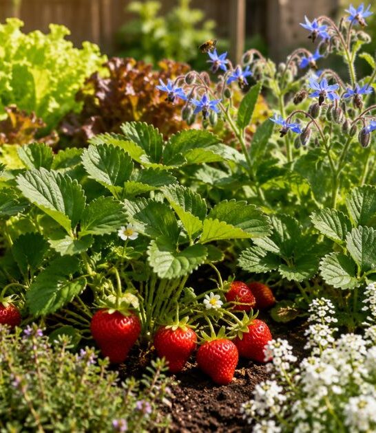 Strawberry plants growing with companion flowers and herbs in a sunny garden bed.
