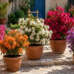 Dwarf bougainvillea varieties blooming in pots on a sunny Mediterranean patio.